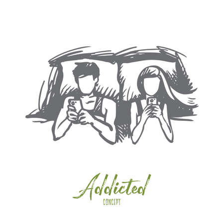 Couple, bed, smartphone, addicted concept. Hand drawn man and women couple lie in bed and looking at smartphones concept sketch. Isolated vector illustration.のイラスト素材