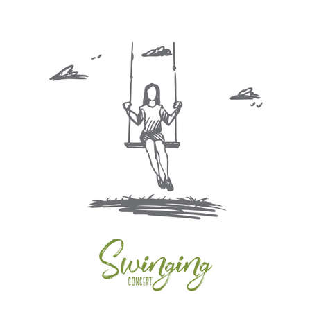 Girl, swinging, playing, fun, activity concept. Hand drawn girl swing and relax outdoor concept sketch. Isolated vector illustration.のイラスト素材