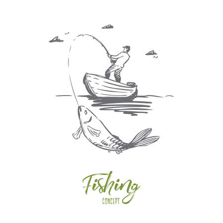Fish, fishing, catch, boat concept. Hand drawn man fishing in boat and catch big fish concept sketch. Isolated vector illustration.のイラスト素材