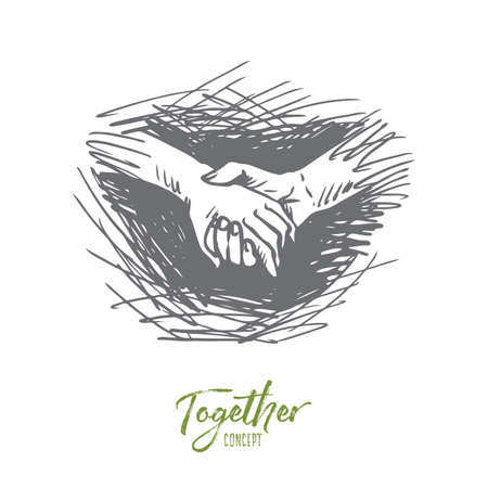 Hands, holding, together, friendship, partnership concept. Hand drawn one person holds hand of another concept sketch. Isolated vector illustration.のイラスト素材