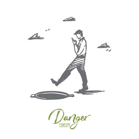 Danger, game, walking, hatch, attention concept. Hand drawn man with a gadget and opened hatch concept sketch. Isolated vector illustration.のイラスト素材