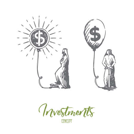 Currency exchange, investments, capital accumulation, Muslim concept. Hand drawn muslim persons increase capital concept sketch. Isolated vector illustration.のイラスト素材