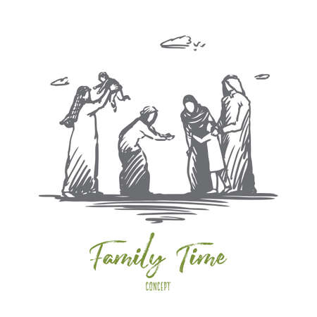 Family, family time, holiday, Arab concept. Hand drawn big muslim family, old and young generations concept sketch. Isolated vector illustration.のイラスト素材