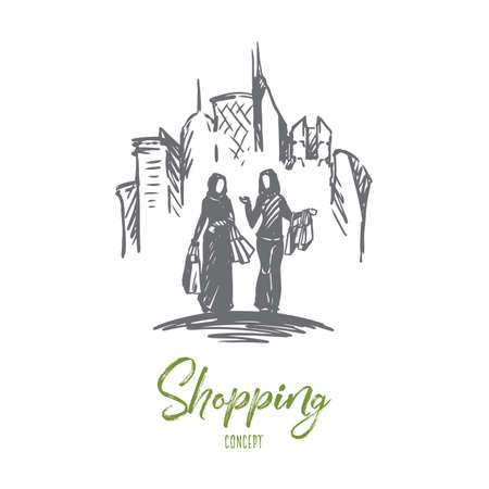 Shopping, city, muslim, arab, hijab concept. Hand drawn muslim women on shopping concept sketch. Isolated vector illustration.のイラスト素材