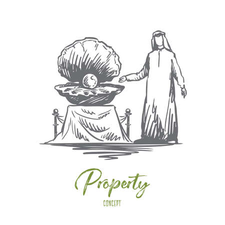 Jewel, pearl, property, muslim, luxury concept. Hand drawn pearls at the exhibition and arab man concept sketch. Isolated vector illustration.のイラスト素材