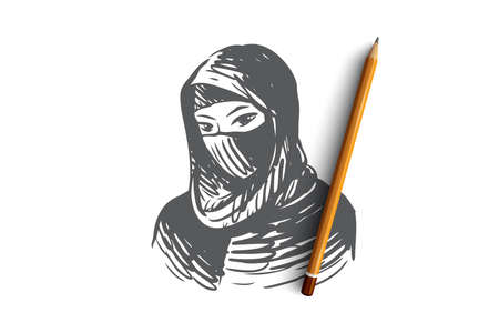 Woman, hijab, girl, islam, young concept. Hand drawn portrait of young muslim woman in hijab concept sketch. Isolated vector illustration.のイラスト素材