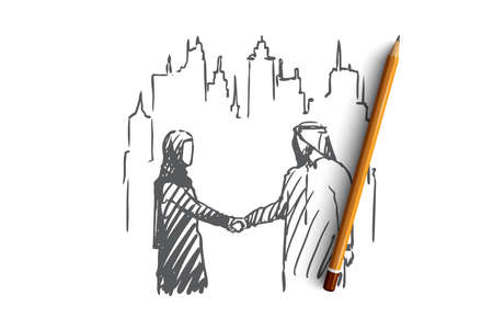 Businessman, agreement, outsourcing, muslim, companion concept. Hand drawn muslim man and woman shaking hands concept sketch. Isolated vector illustration.のイラスト素材