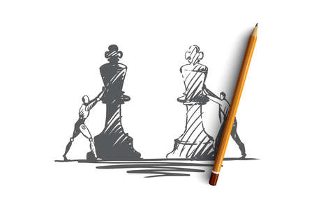 Strategy, purpose, HCI, automation, technology, businessman concept. Hand drawn human and robot playing chess concept sketch. Isolated vector illustration.のイラスト素材
