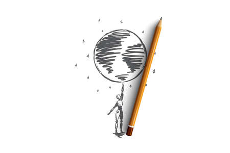 HCI, automation, technology, globally, world, data concept. Hand drawn robot holds Earth globe on finger concept sketch. Isolated vector illustration.のイラスト素材