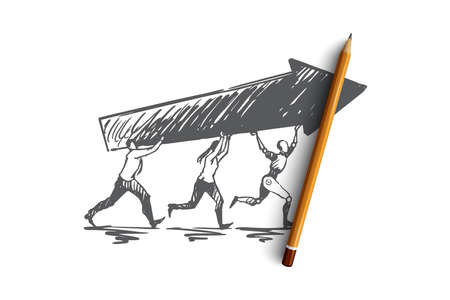 Forward, goal, HCI, automation, team, partnership concept. Hand drawn human team in cooperation with robotic technologies concept sketch. Isolated vector illustration.のイラスト素材