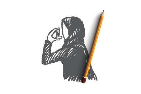 Asthma, inhaler, health, Islam, hijab concept. Hand drawn muslim woman in hijab with inhaler in hand concept sketch. Isolated vector illustration.のイラスト素材