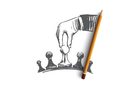 Strategy, businessman, tactics, superiority concept. Hand drawn businessman's hand playing chess concept sketch. Isolated vector illustration.のイラスト素材