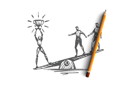 Champion, success, victory, HCI, automation, technology concept. Hand drawn robot with winners cup concept sketch. Isolated vector illustrationのイラスト素材