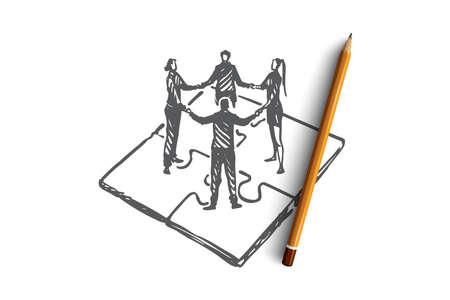 Teamwork, marketing, strategy, business, communication concept. Hand drawn co-workers hold hands each other concept sketch. Isolated vector illustration.のイラスト素材
