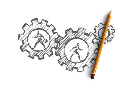 Work, business, automation, HCI, technology concept. Hand drawn human and robot in gears concept sketch. Isolated vector illustration.のイラスト素材