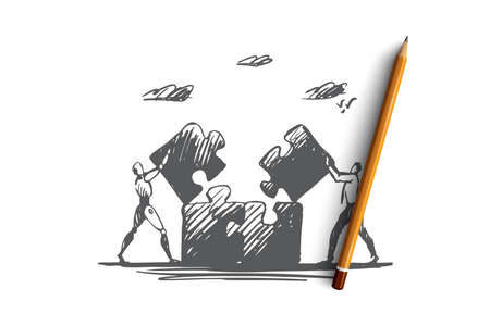 Strategy, HCI, automation, partnership, work concept. Hand drawn working process with robot concept sketch. Isolated vector illustration.のイラスト素材