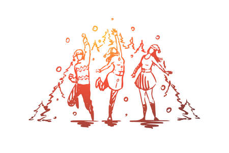 Christmas, New Year, celebrating with friends vector concept. Group of friends celebrating holiday and having fun together. Hand drawn sketch isolated illustrationのイラスト素材