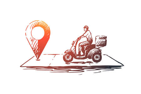 Pizza delivery vector concept. Delivery man going by bike to point on map. Hand drawn sketch isolated illustrationのイラスト素材