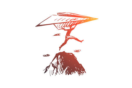 Start-up, inventor vector concept. Businessman with paper airplane jumping on rocks. Hand drawn sketch isolated illustrationのイラスト素材