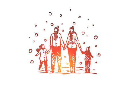 Family, togetherness, winter, Christmas happiness vector concept. Parents and two children walking on snowy weather in winter and holding hands. Hand drawn sketch isolated illustrationのイラスト素材