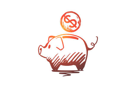 Deposit, money, banking, investment, savings concept. Hand drawn piggy bank with money concept sketch. Isolated vector illustration.のイラスト素材
