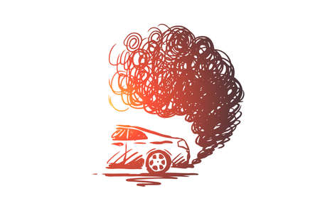 Pollution vector concept. Car with puffs of smoke behind it. Hand drawn sketch isolated illustrationのイラスト素材