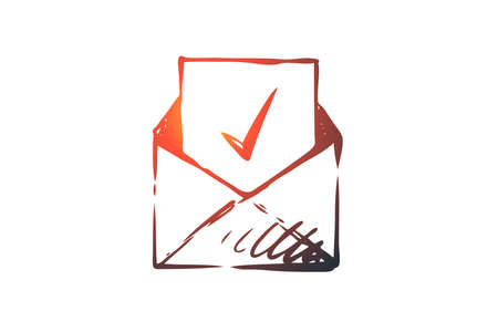 Approved, accepted vector concept. Envelope with approval mark inside . Hand drawn sketch isolated...