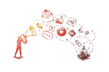 Digital, marketing, online, website, media concept. Hand drawn icons of marketing services concept sketch. Isolated vector illustration.のイラスト素材