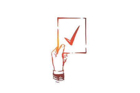 Approved, accepted vector concept. Hand holding approval mark. Hand drawn sketch isolated illustrationのイラスト素材