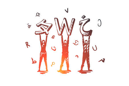 Language, courses, English, studying, class concept. Hand drawn different languages and people with letters concept sketch. Isolated vector illustration.のイラスト素材