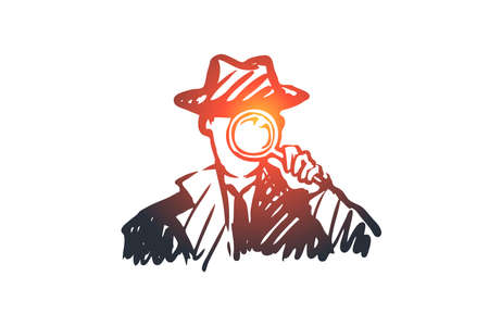 Detective, weapon, magnifying glass, inspector concept. Hand drawn policeman detective with a magnifying glass concept sketch. Isolated vector illustration.のイラスト素材