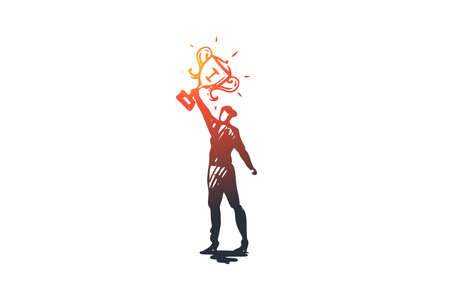 Champion, leader, winner vector concept. Woman with first prize trophey in hands. Hand drawn sketch isolated illustrationのイラスト素材