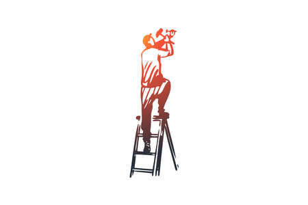 Fixture, installation, repair, worker, construction concept. Hand drawn repairman fixing...