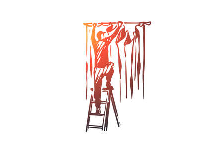 Hanging curtain, decoration, cloth, fabric concept. Hand drawn man hanging curtain at home concept sketch. Isolated vector illustration.のイラスト素材