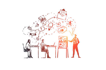 Training, courses, people, class, learning concept. Hand drawn training classroom with teacher concept sketch. Isolated vector illustration.のイラスト素材