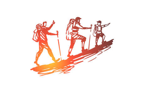 Pedestrian, tourism, travel, people, summer concept. Hand drawn tourists in mountains concept sketch. Isolated vector illustration.のイラスト素材