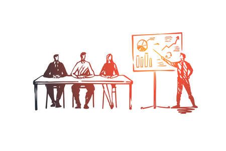 Training, courses, education, presentation, seminar concept. Hand drawn speaker in training center concept sketch. Isolated vector illustration.のイラスト素材