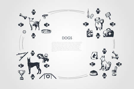 Dogs - different dog breeds with food, bones, collar, footprints, bowl, toys, vet objects vector concept set. Hand drawn sketch isolated illustrationのイラスト素材