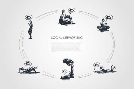 Social networking - people working on laptops and using smartphones vector concept set. Hand drawn sketch isolated illustrationのイラスト素材