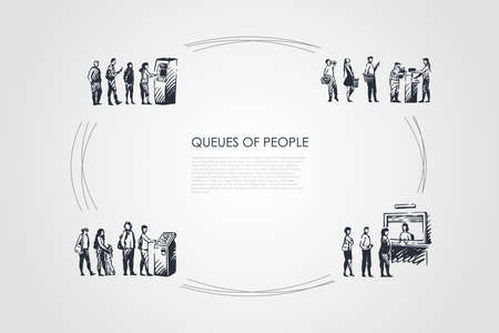 Queues of people - people in line waiting for their turn for atm, paying terminal and for boarding vector concept set. Hand drawn sketch isolated illustrationのイラスト素材
