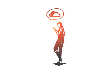 Cloud, service, internet, network, technology concept. Hand drawn woman with smartphone use cloud technology concept sketch. Isolated vector illustration.のイラスト素材