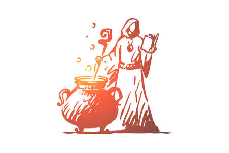 Magic, sorcerer, brew, potion concept. Hand drawn sorcerer brews a potion concept sketch. Isolated vector illustration.のイラスト素材