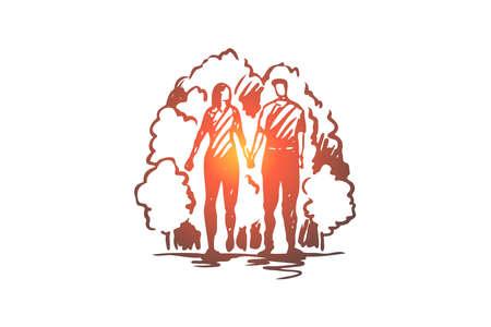 Man, woman, love, romantic, walk concept. Hand drawn young lovers hold hands and walk in park concept sketch. Isolated vector illustration.のイラスト素材