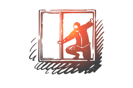 Burglary, window, robber, criminal, mask concept. Hand drawn robber in-house window concept sketch. Isolated vector illustration.のイラスト素材