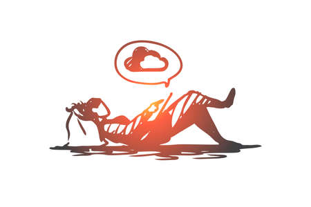 Man, working, cloud service, remote work concept. Hand drawn man lying on the couch and working with...