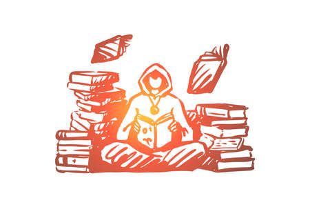 Wizard, magic, library, spell, book concept. Hand drawn warlock in library with books and spells...