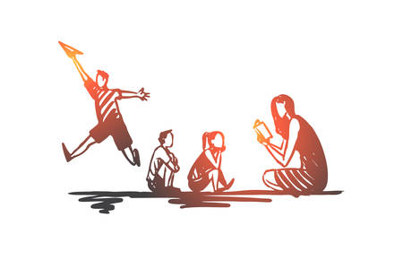 ADHD, kid, deficit, attention, hyperactivity concept. Hand drawn problem in behavior of child concept sketch. Isolated vector illustration.のイラスト素材