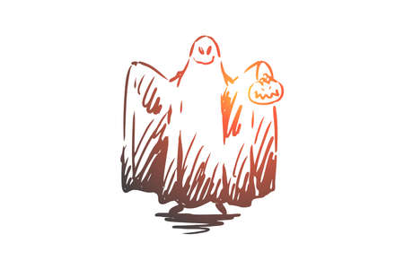 Halloween, ghost, scary, horror, fun concept. Hand drawn costume of ghost on Halloween concept...