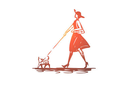 Dog, girl, walk, pet, animal concept. Hand drawn open book with empty pages concept sketch. Isolated vector illustration.のイラスト素材