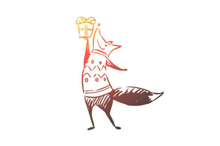 Christmas, fox, gift, greeting, celebration concept. Hand drawn funny fox with Christmas gift concept sketch. Isolated vector illustration.のイラスト素材